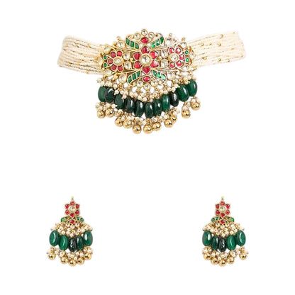 Traditional Kundan pearl choker necklace set with green bead drops and matching earrings in gold-plated finish for bridal and festive wear.