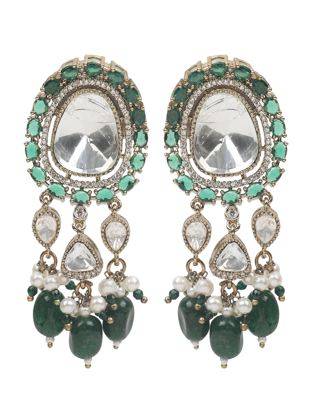 Elegant gold-tone choker necklace set with large mirror-polished stones, green bead accents, and pearl detailing, paired with matching dangling earrings