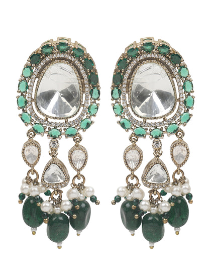 Elegant gold-tone choker necklace set with large mirror-polished stones, green bead accents, and pearl detailing, paired with matching dangling earrings