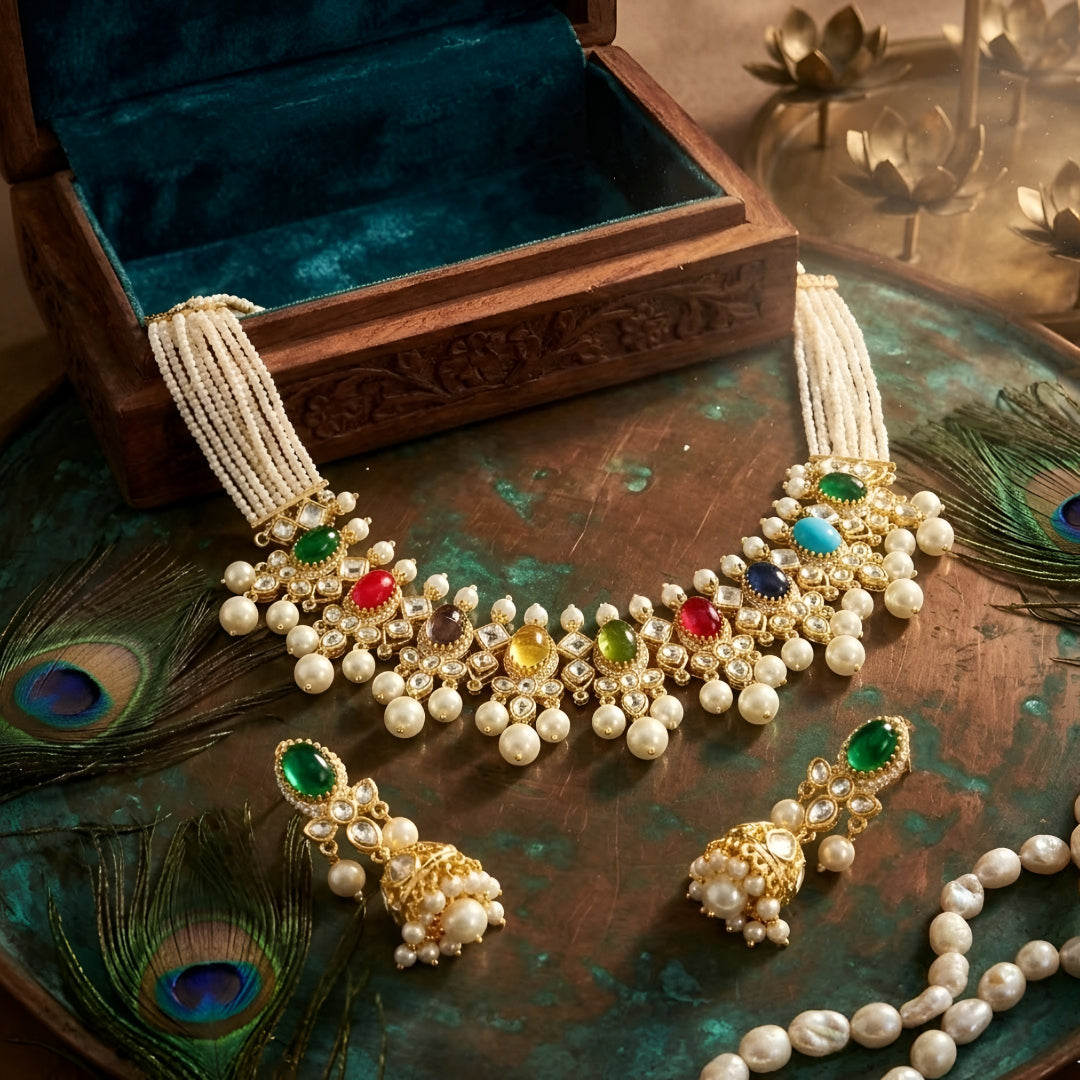 Gold-toned Navratna Kundan choker necklace set with multicolored stones, pearl drops, and matching green stone jhumka earrings on a white background.