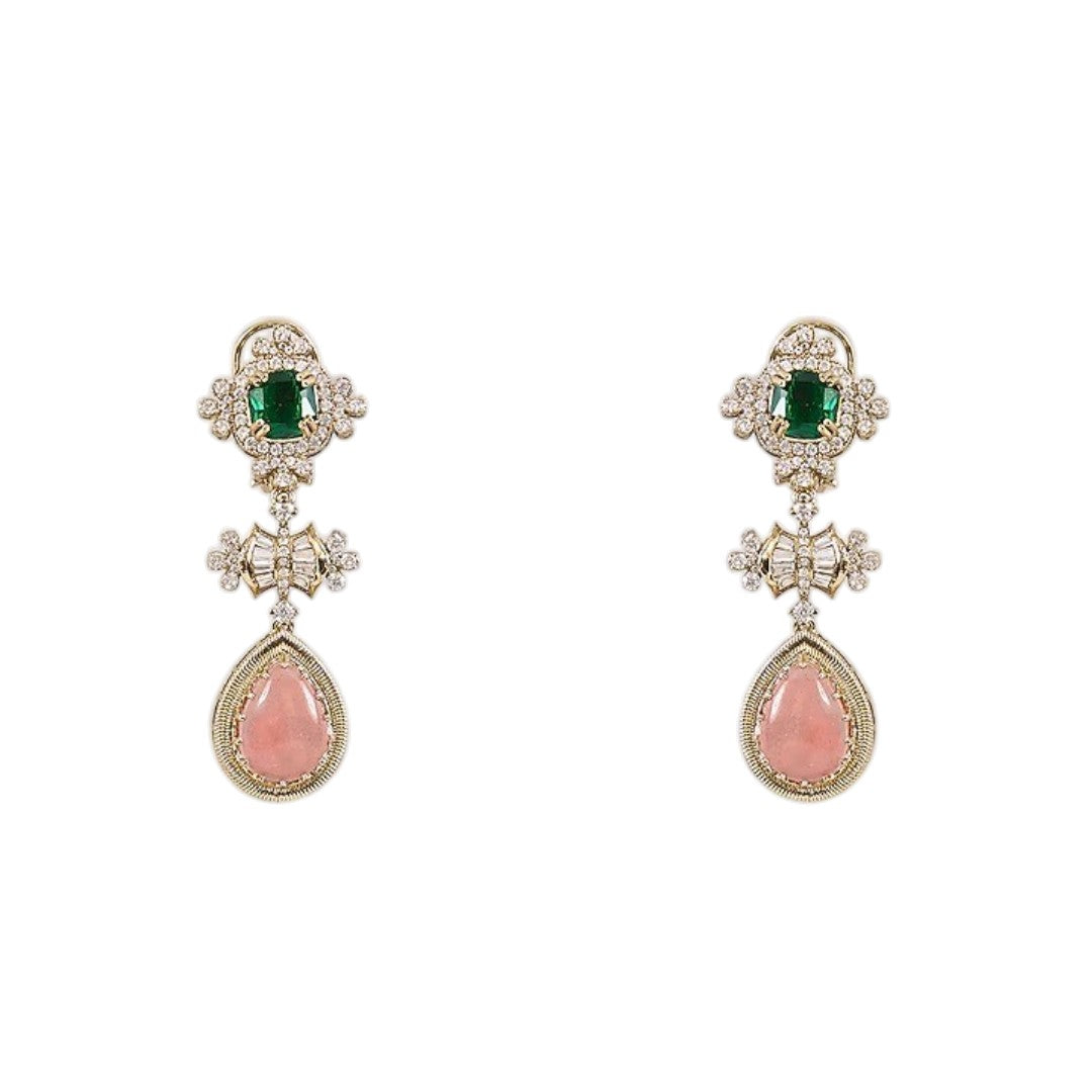 Gold-plated statement drop earrings featuring emerald green stones, pink teardrop gemstones, and sparkling crystal accents for women.