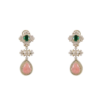 Gold-plated statement drop earrings featuring emerald green stones, pink teardrop gemstones, and sparkling crystal accents for women.
