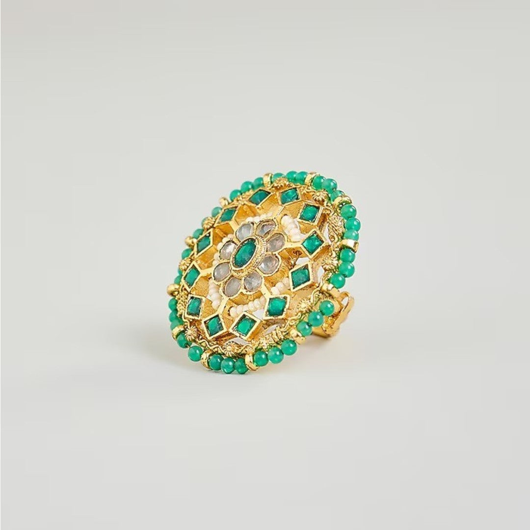 Handcrafted Green Kundan Statement Ring with Pearls