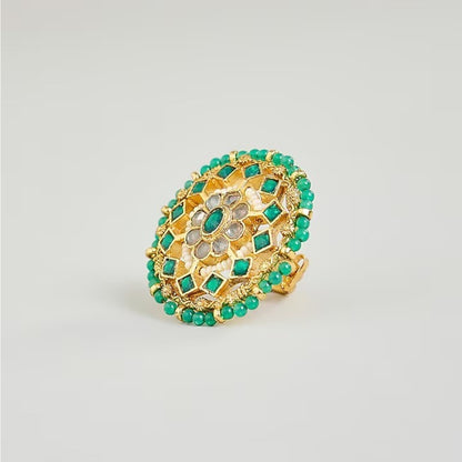 Handcrafted Green Kundan Statement Ring with Pearls