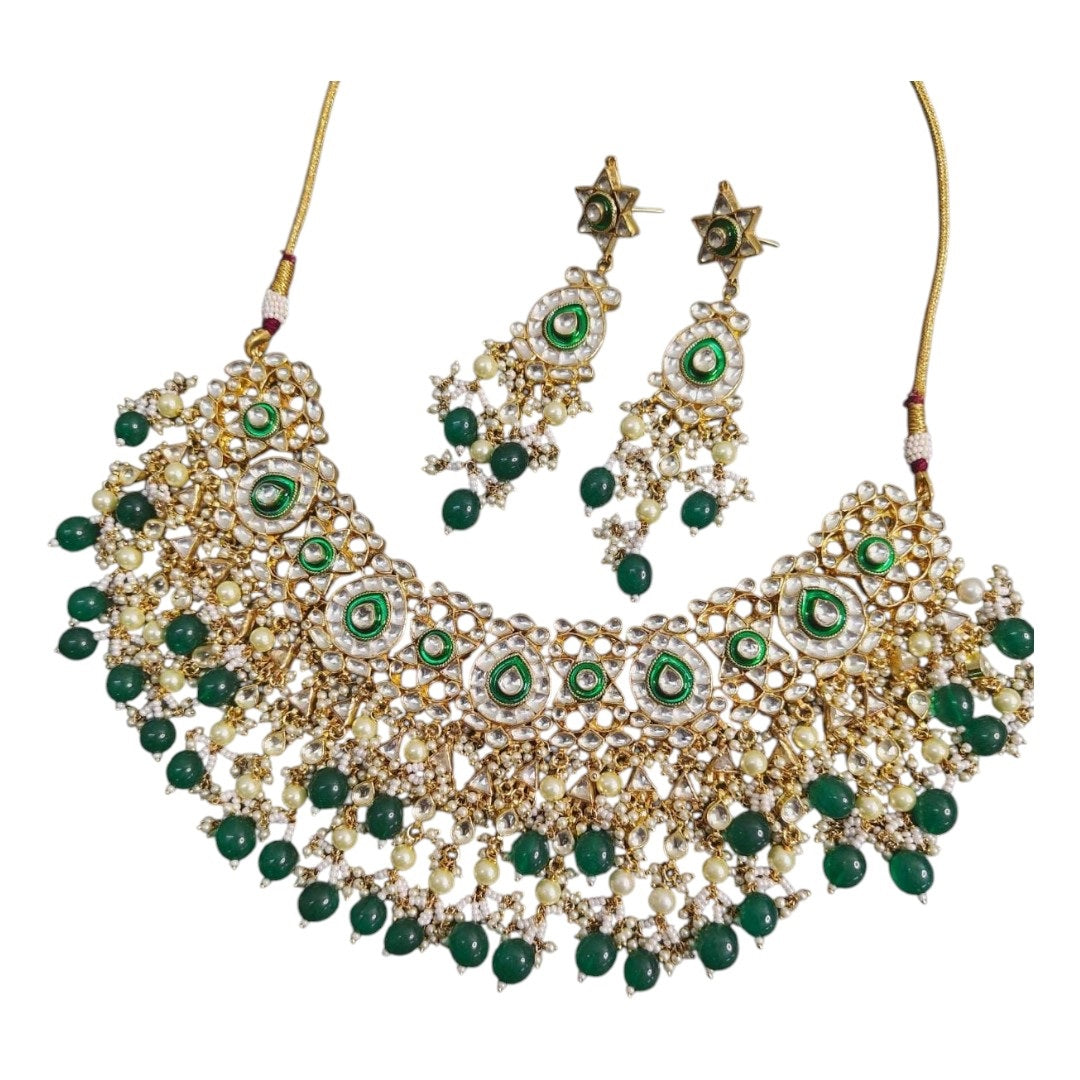 Gold-Plated Kundan Choker Necklace Set with Green Beads & Pearl Drops
