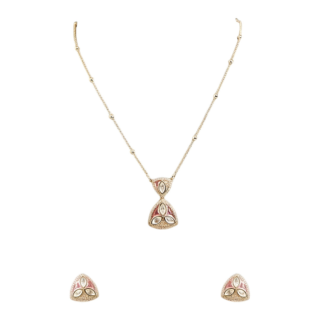 Gold-plated pink stone pendant necklace set with matching stud earrings featuring marquise-cut crystals and elegant enamel detailing.