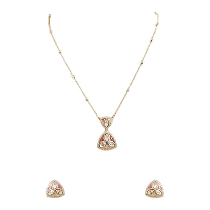 Gold-plated pink stone pendant necklace set with matching stud earrings featuring marquise-cut crystals and elegant enamel detailing.