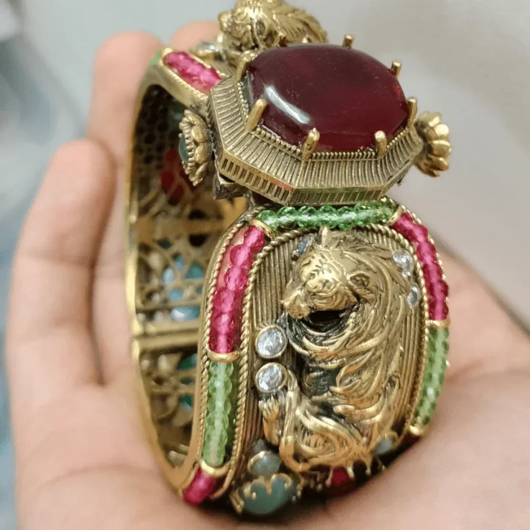 Antique Gold-Plated Lion Motif Multi-Stone Bangle Bracelet with Ruby Center Stone - Auraa Trends