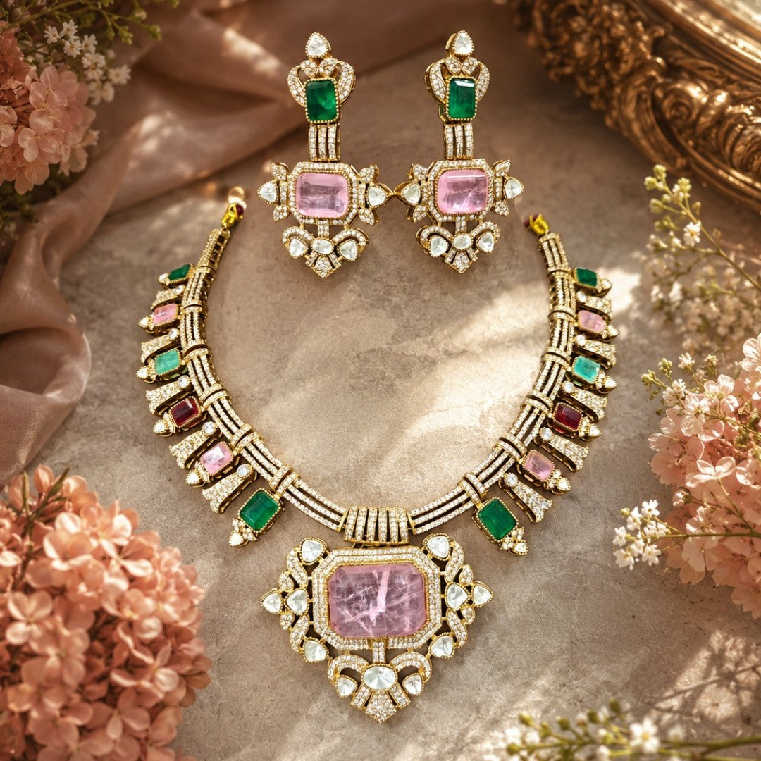 Multicolor tourmaline style necklace set with matching earrings in gold plating by Auraa Trends