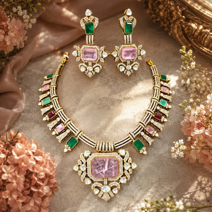 Multicolor tourmaline style necklace set with matching earrings in gold plating by Auraa Trends