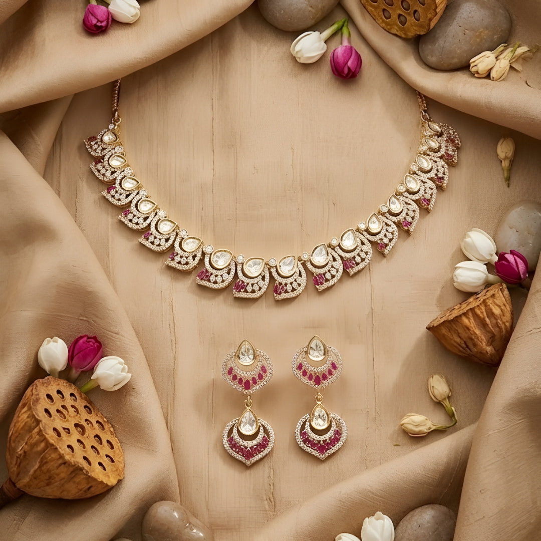 Luxury Pink & White Crystal Statement Necklace Set with Matching Drop Earrings