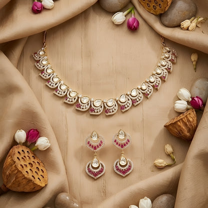 Luxury Pink & White Crystal Statement Necklace Set with Matching Drop Earrings