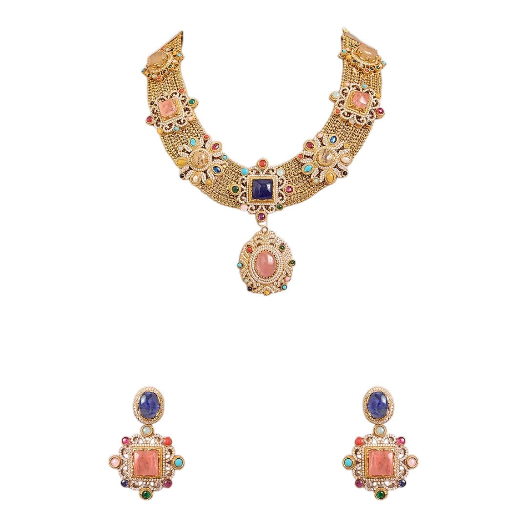 Royal Victorian antique gold statement necklace set with multicolor gemstones, pendant design, and matching earrings for women.