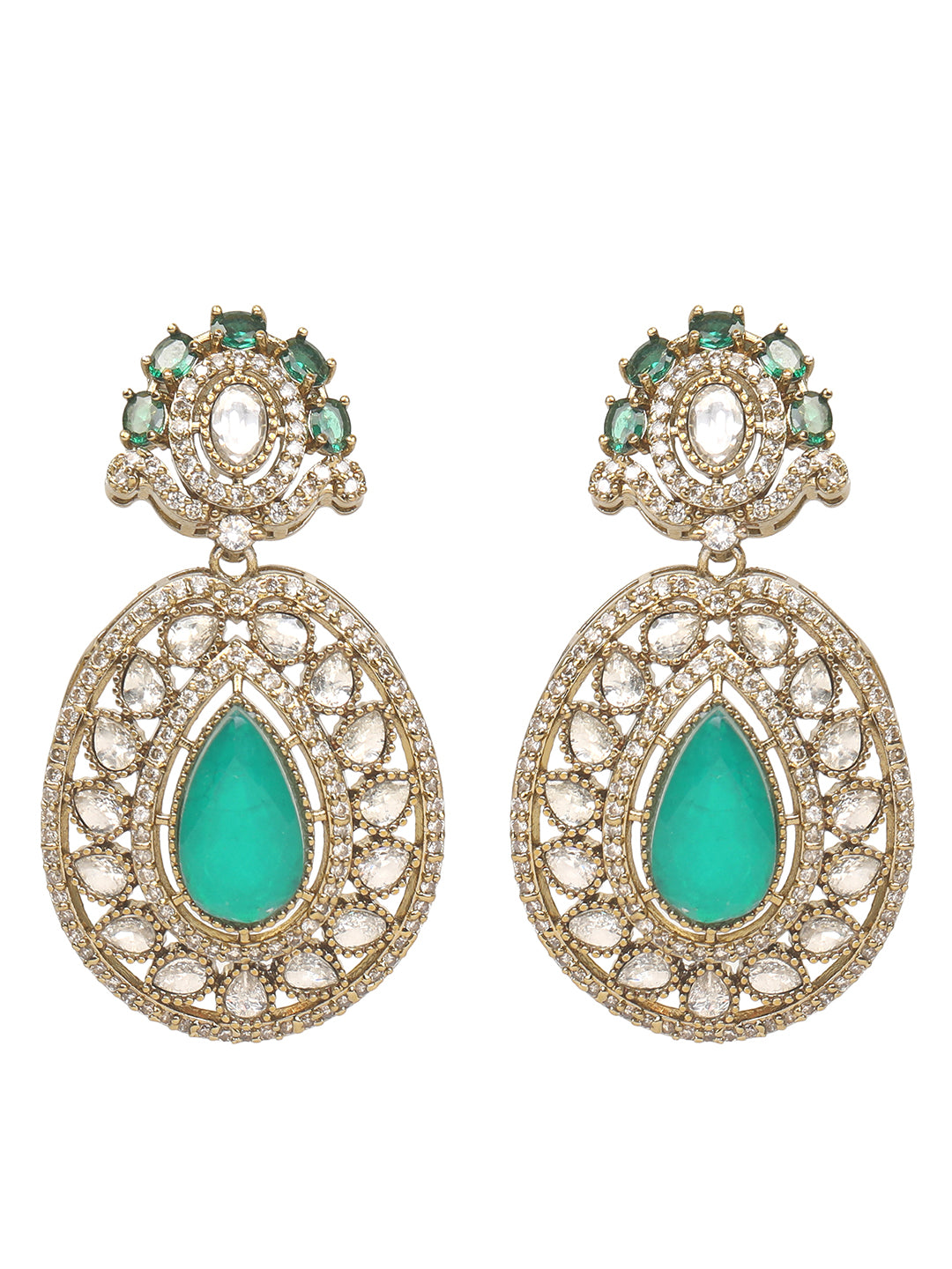 Gold-tone choker necklace set with intricate kundan-style detailing, highlighted by a large teardrop green stone centerpiece and matching drop earrings.