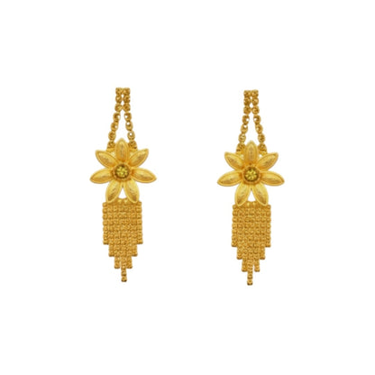 Gold-plated traditional floral necklace set with matching earrings on red display stand – bridal and festive Indian jewelry