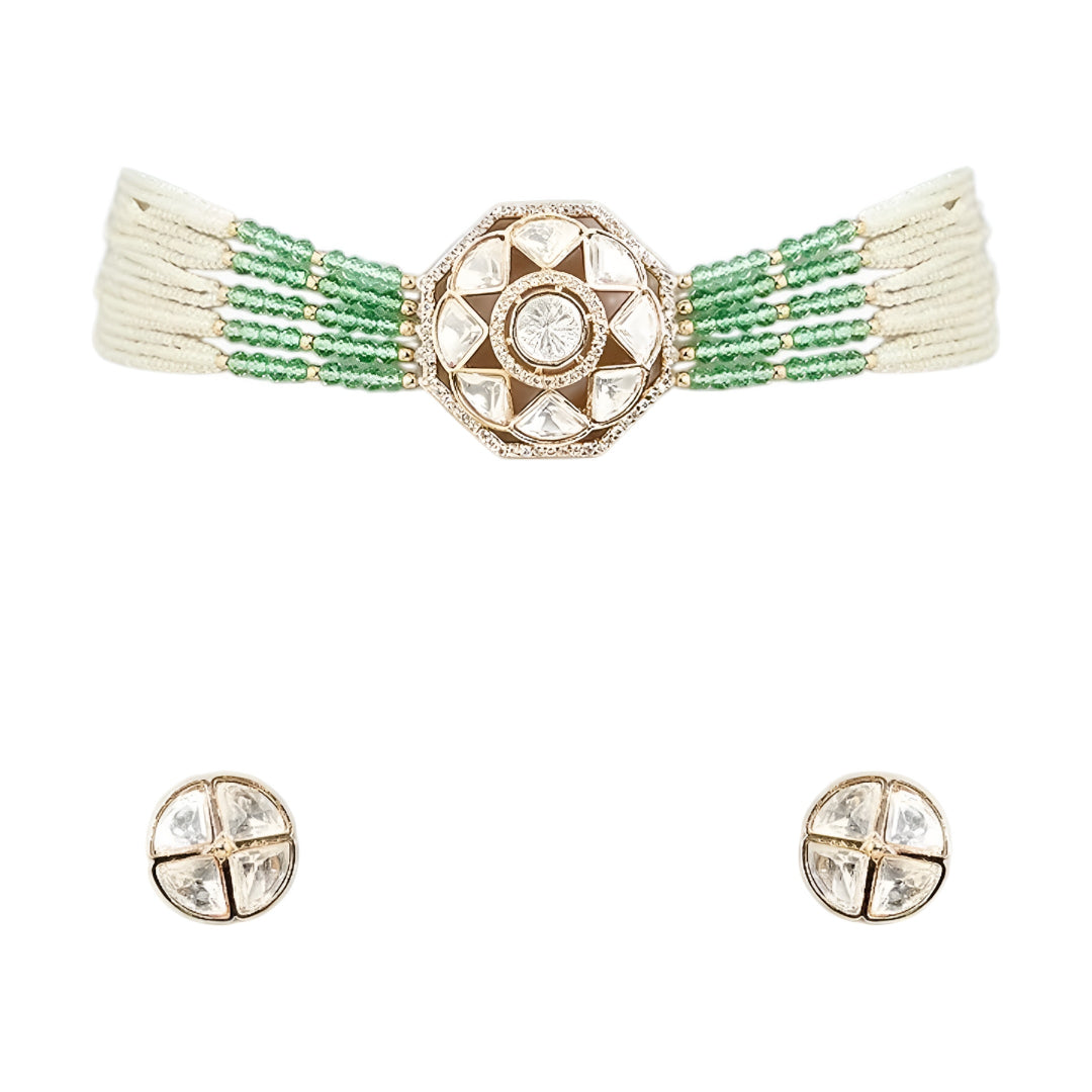 Mint green beaded Kundan choker necklace set featuring a geometric gold-toned centerpiece with matching stud earrings on a white background.