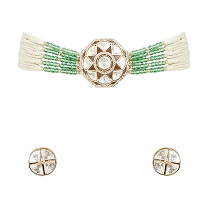 Mint green beaded Kundan choker necklace set featuring a geometric gold-toned centerpiece with matching stud earrings on a white background.