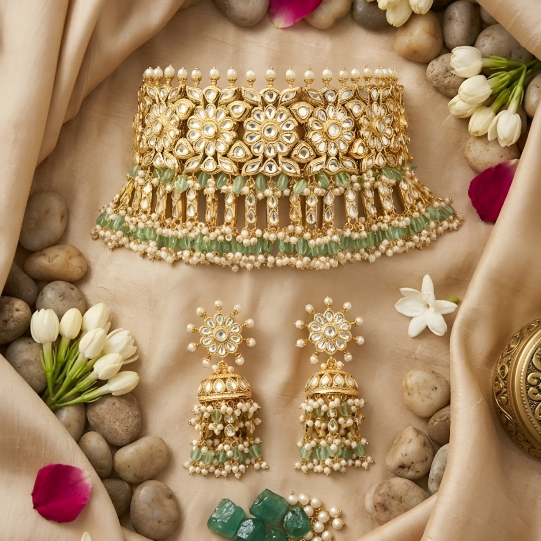 Gold Plated Floral Kundan Choker Necklace Set with Mint Green Beads and Matching Jhumka Earrings for Women Bridal Wedding Jewelry