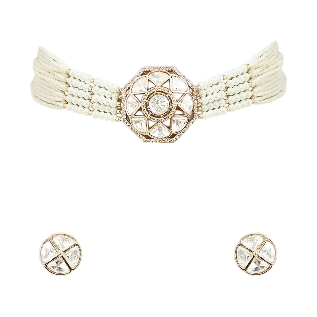 Elegant pearl kundan choker necklace set with matching stud earrings featuring gold-tone finish and traditional ethnic design for women.