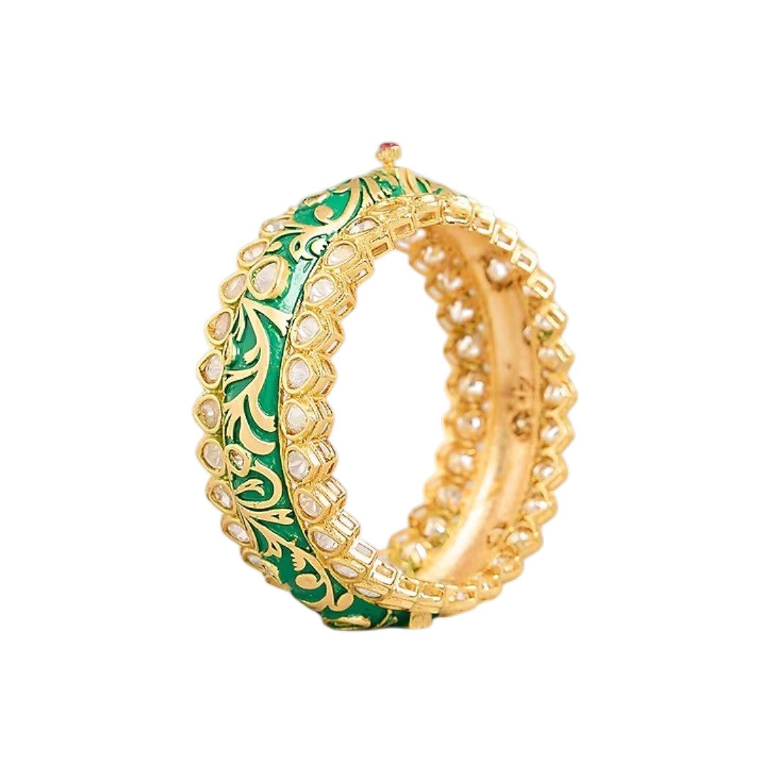 Green Meenakari-inspired AD studded gold tone designer bangle set with floral detailing
