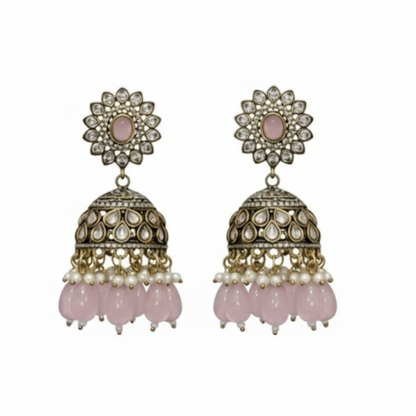 Antique oxidized choker necklace set with pink beads and floral motifs, paired with matching jhumka earrings – traditional Indian jewelry
