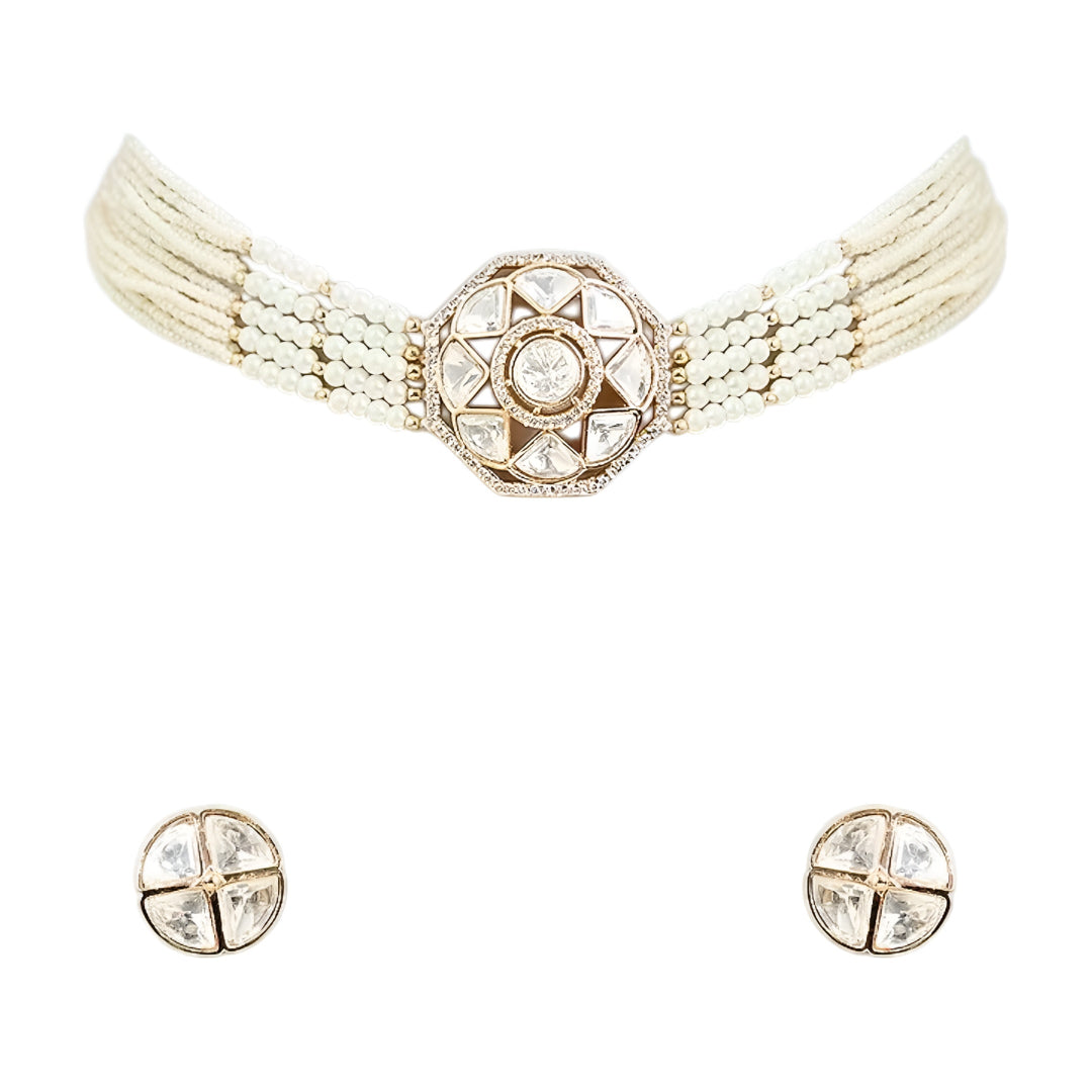 Traditional Kundan pearl choker necklace set with gold-tone finish, multi-strand pearls, and matching stud earrings for bridal and wedding wear.