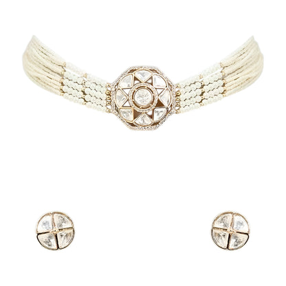 Traditional Kundan pearl choker necklace set with gold-tone finish, multi-strand pearls, and matching stud earrings for bridal and wedding wear.