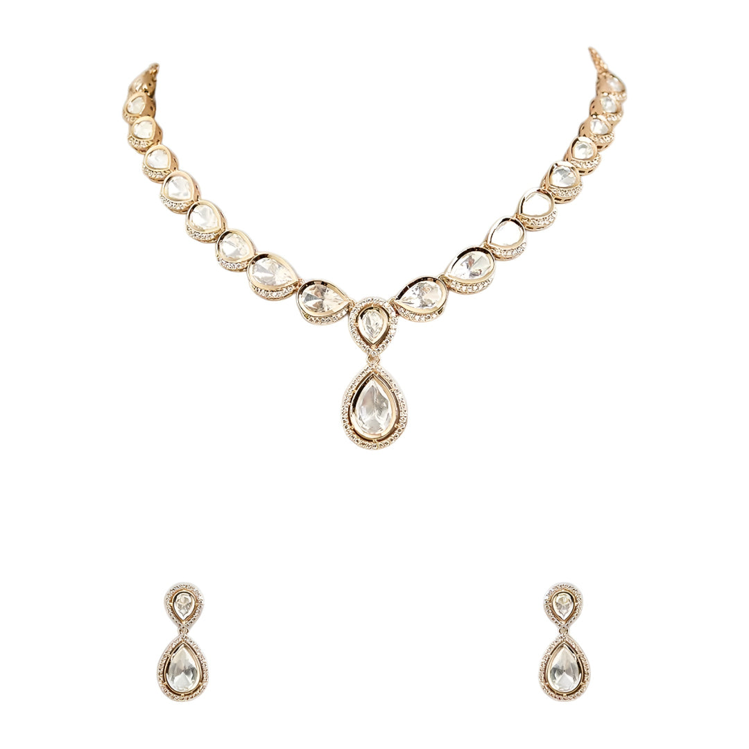 Elegant Gold Plated White Kundan Teardrop Necklace Set for Women