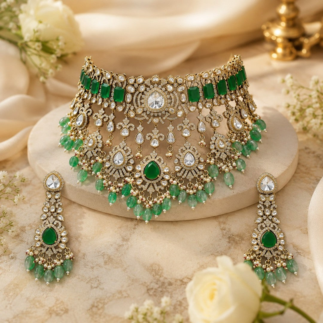 Luxury green stone Kundan choker necklace set with matching long earrings and green bead drops for bridal and wedding wear