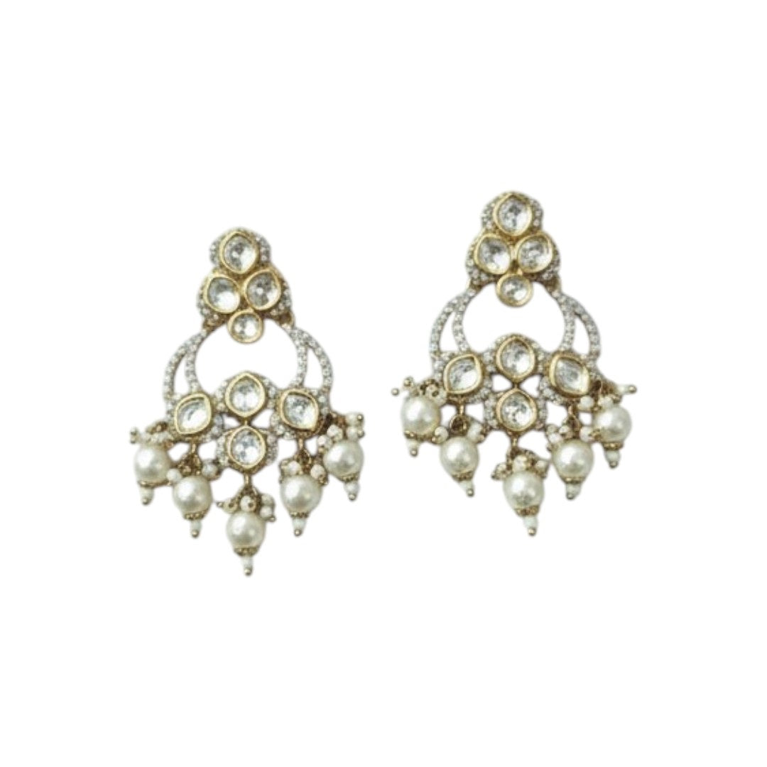 "Gold-plated Kundan Chandbali Earrings with Pearl Drops for Women