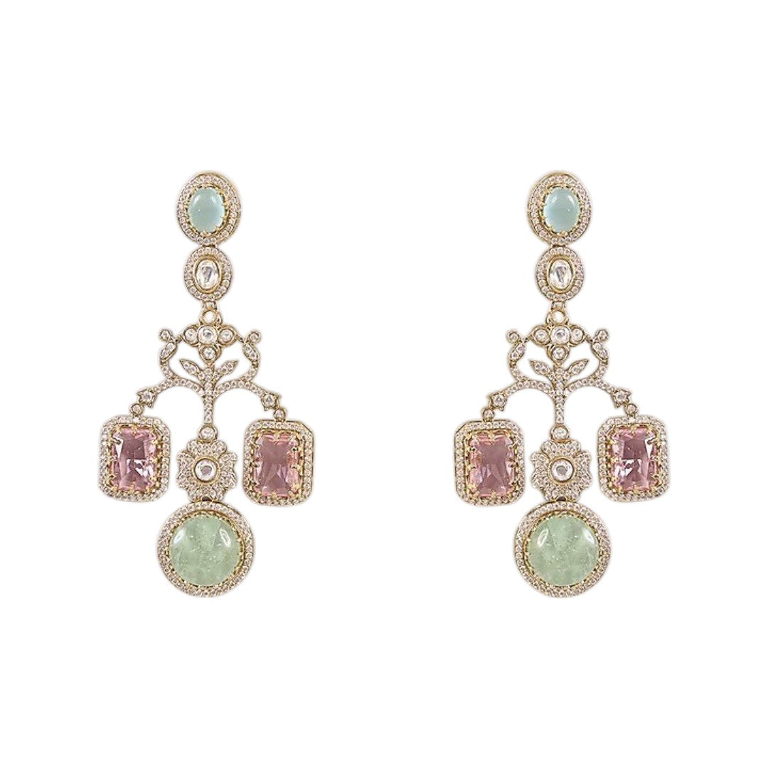 Luxury gold plated pastel green and pink stone statement earrings with American diamonds for women, designer wedding and party wear jewelry.