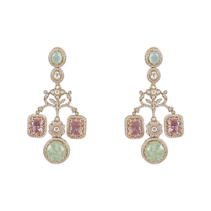 Luxury gold plated pastel green and pink stone statement earrings with American diamonds for women, designer wedding and party wear jewelry.