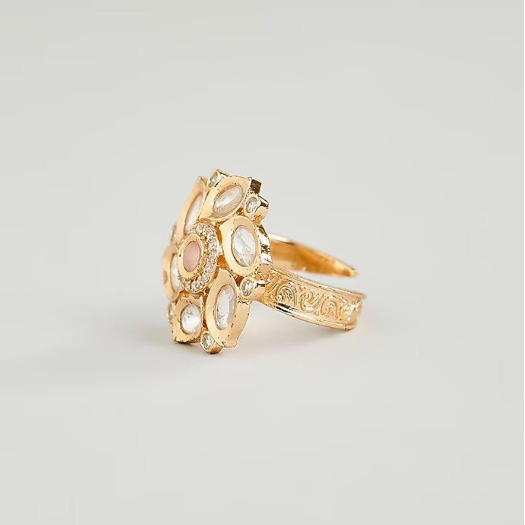 Gold-plated floral Kundan adjustable ring with white stones and pink center stone for women