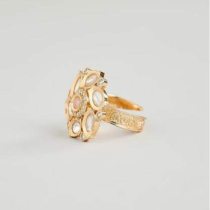 Gold-plated floral Kundan adjustable ring with white stones and pink center stone for women