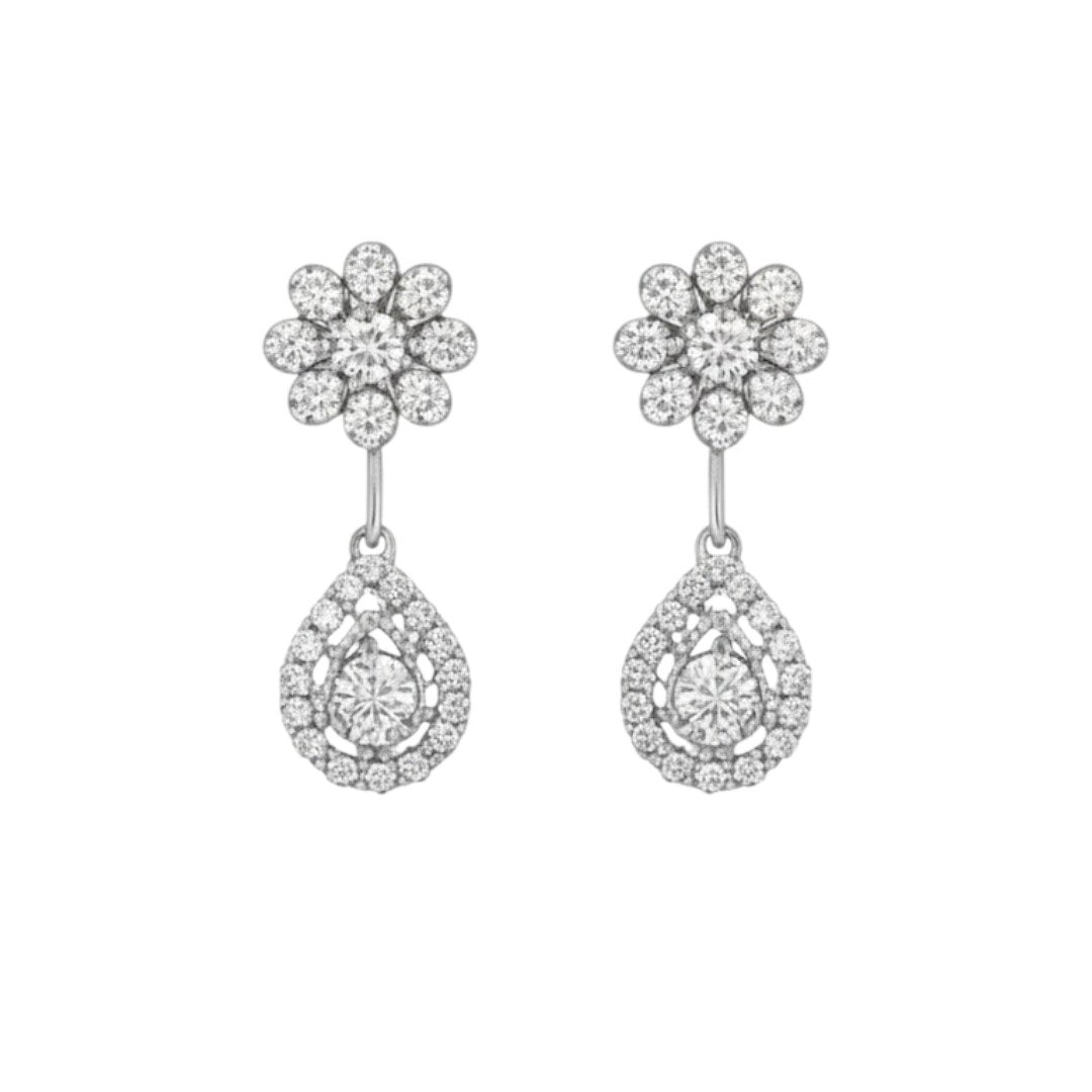 Floral design silver-plated necklace and earrings set for bridal and special occasions.