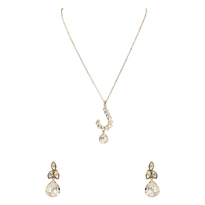 Gold-toned leaf design pendant necklace set with teardrop crystal pendant and matching drop earrings on a white background.