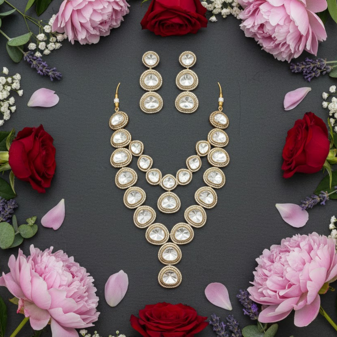 Kundan Polki Bridal Necklace Set for Women with Matching Earrings