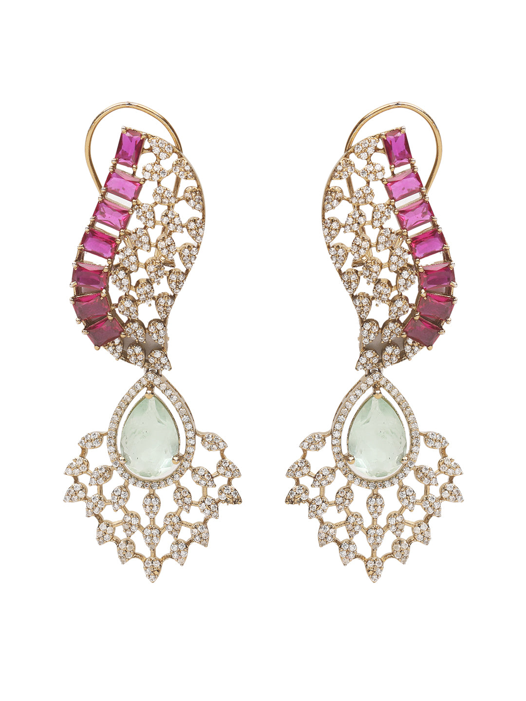 Gold plated ruby and emerald statement necklace set with matching earrings, bridal jewelry design with teardrop green stone and crystal detailing