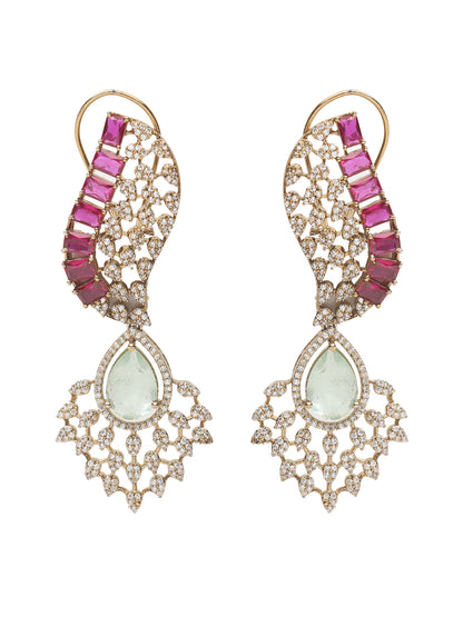 Gold plated ruby and emerald statement necklace set with matching earrings, bridal jewelry design with teardrop green stone and crystal detailing