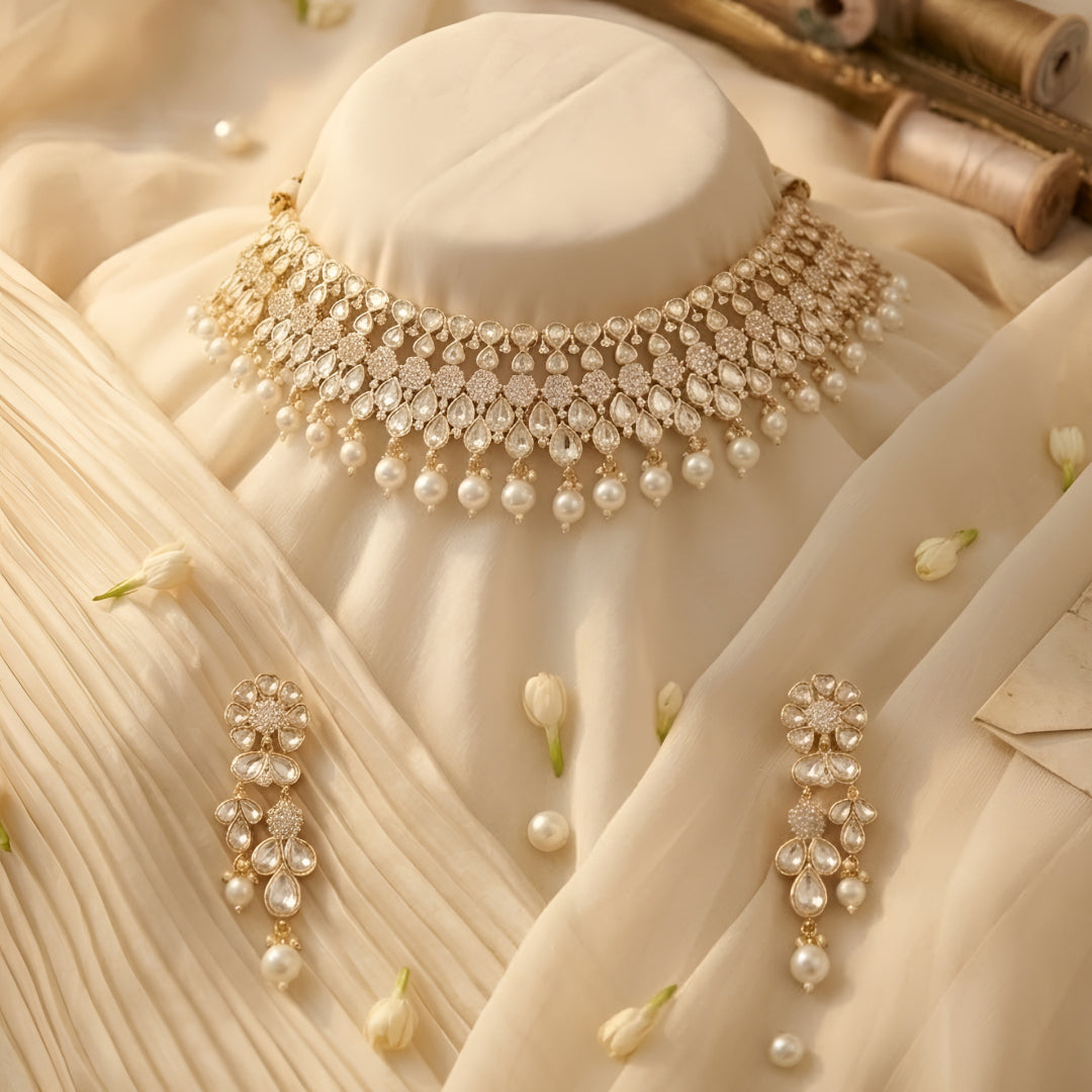 Gold-toned Kundan pearl choker necklace set featuring floral motifs, teardrop stones, pearl danglers, and matching earrings on a white background.