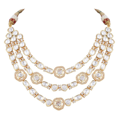 "Bridal Kundan Polki Necklace Set with Earrings – Gold Plated 3 Layer Raani Haar Jewelry"