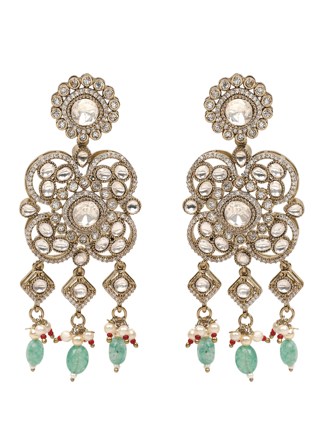 Kundan bridal necklace set with pink stones, green bead drops, and matching statement earrings in gold tone