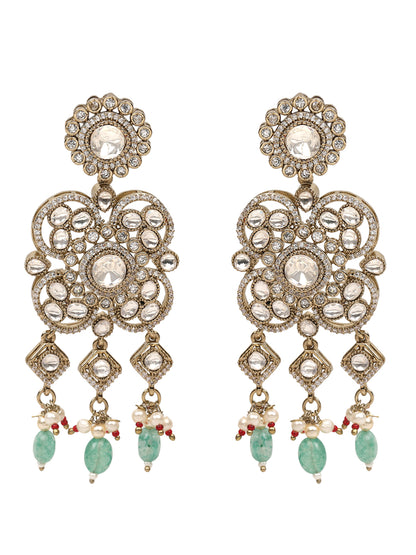 Kundan bridal necklace set with pink stones, green bead drops, and matching statement earrings in gold tone