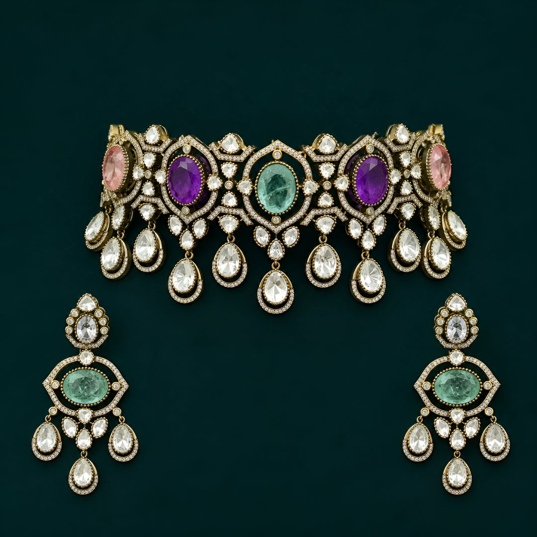 Multicolor Kundan choker necklace set with matching chandelier earrings in gold plating by Auraa Trends