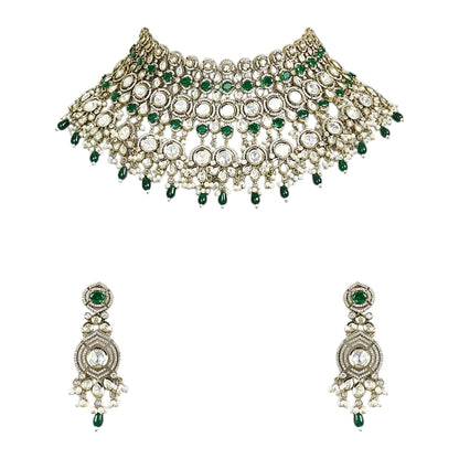 Emerald green stone Kundan bridal choker necklace set with crystal detailing and matching long earrings