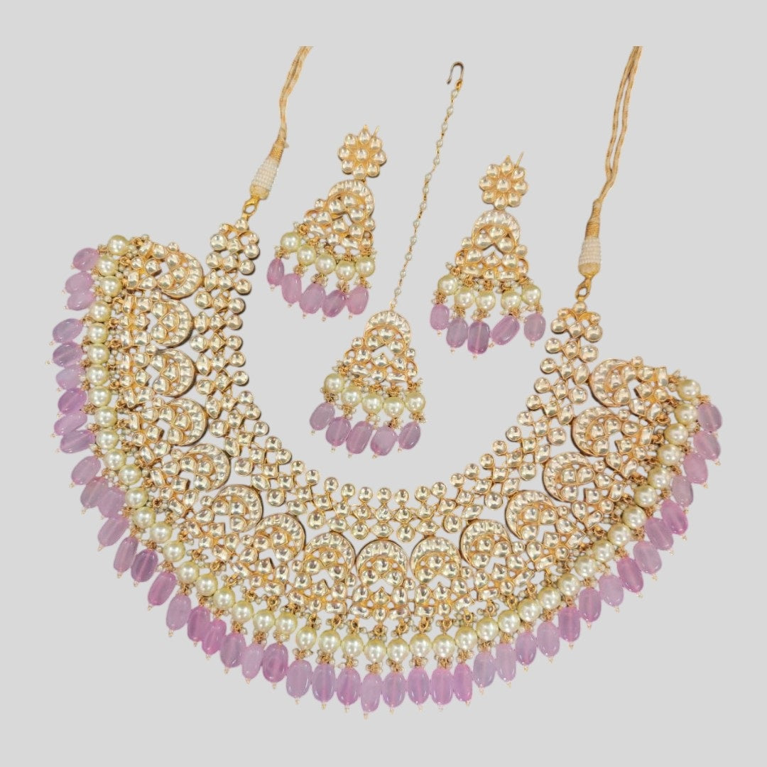 Kundan Pearl Bridal Necklace Set with Pink Beads & Maang Tikka