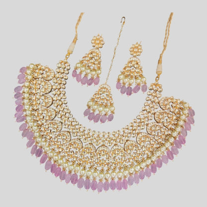 Kundan Pearl Bridal Necklace Set with Pink Beads & Maang Tikka