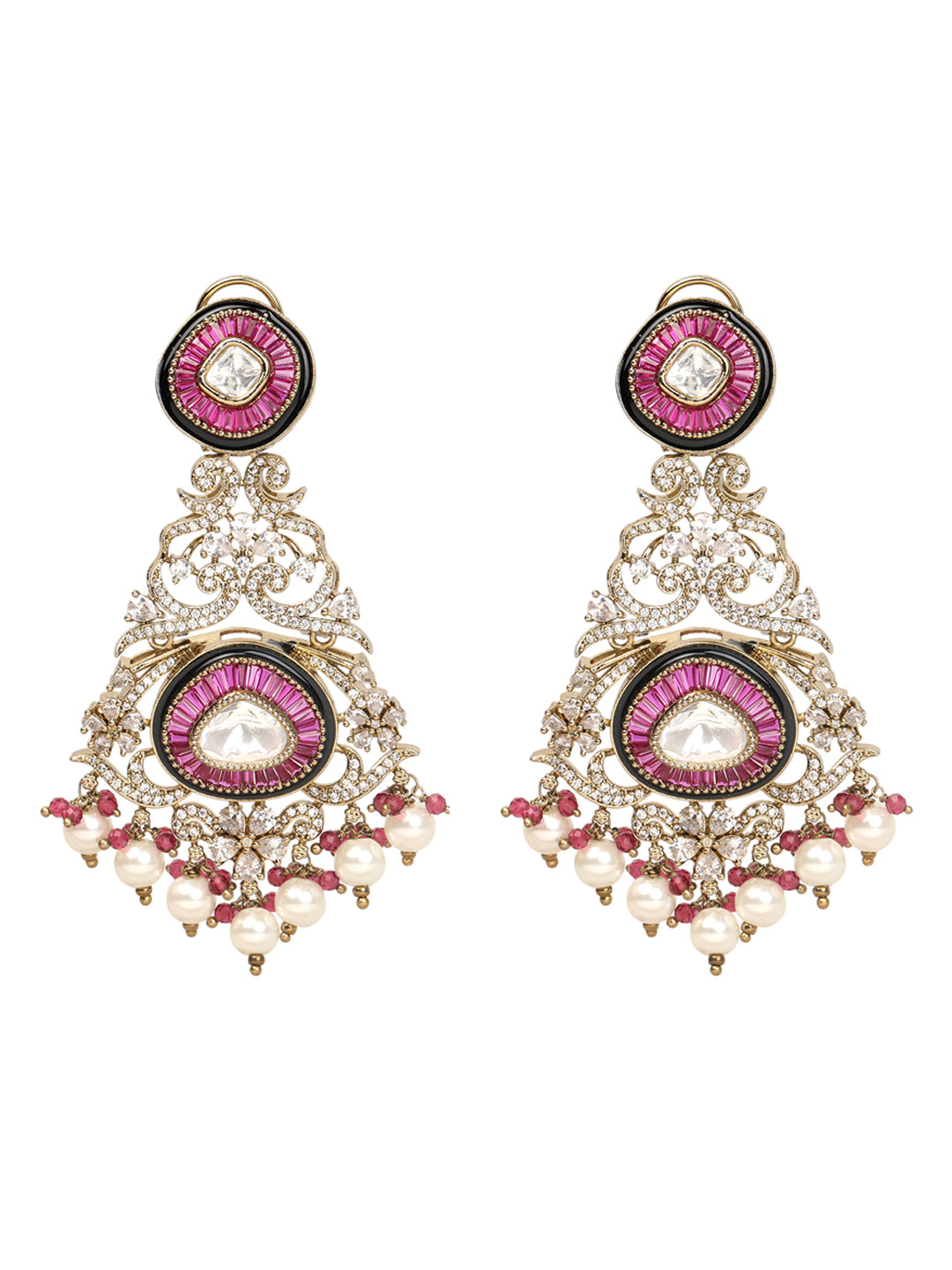 Gold-tone traditional necklace set with pink kundan-style stones, intricate detailing, pearl bead drops, and matching ornate dangling earrings.