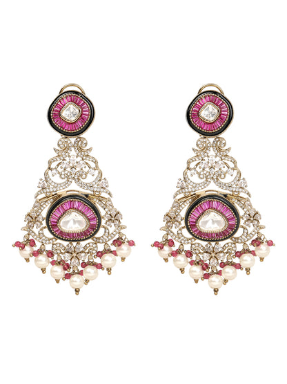 Gold-tone traditional necklace set with pink kundan-style stones, intricate detailing, pearl bead drops, and matching ornate dangling earrings.