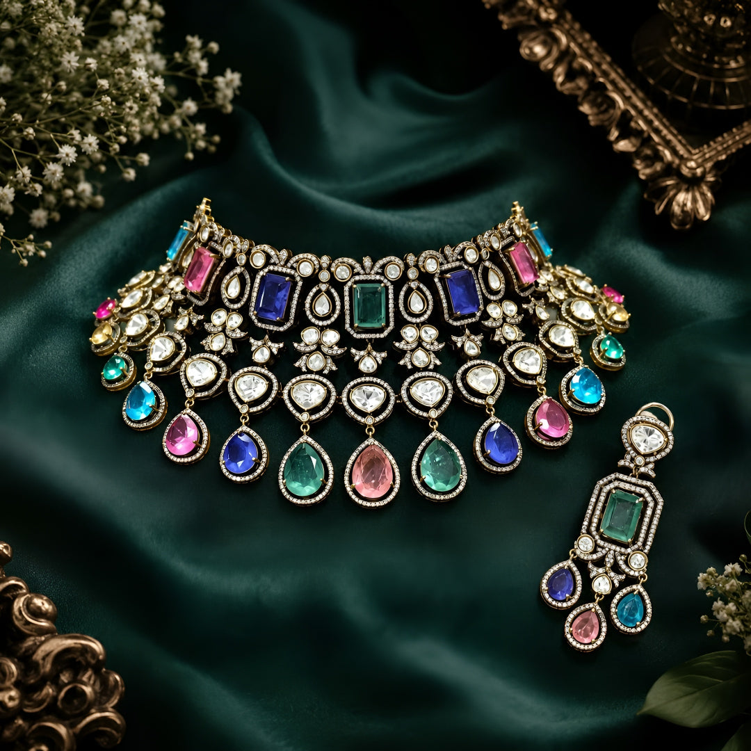 Luxury multicolor Kundan choker necklace set with matching earrings in antique gold finish for bridal, wedding, and festive wear.